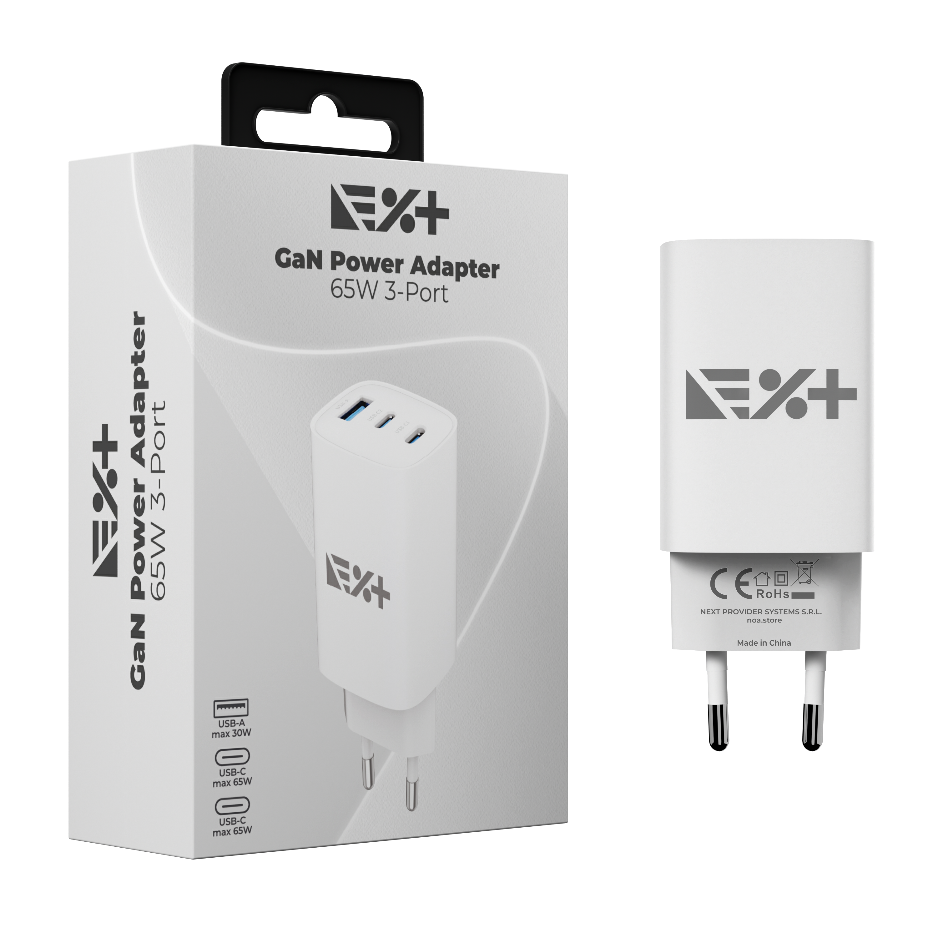 Încărcător de rețea NOA GaN 65W, 2 x USB-C PD + USB-A, Fast Charging, Alb