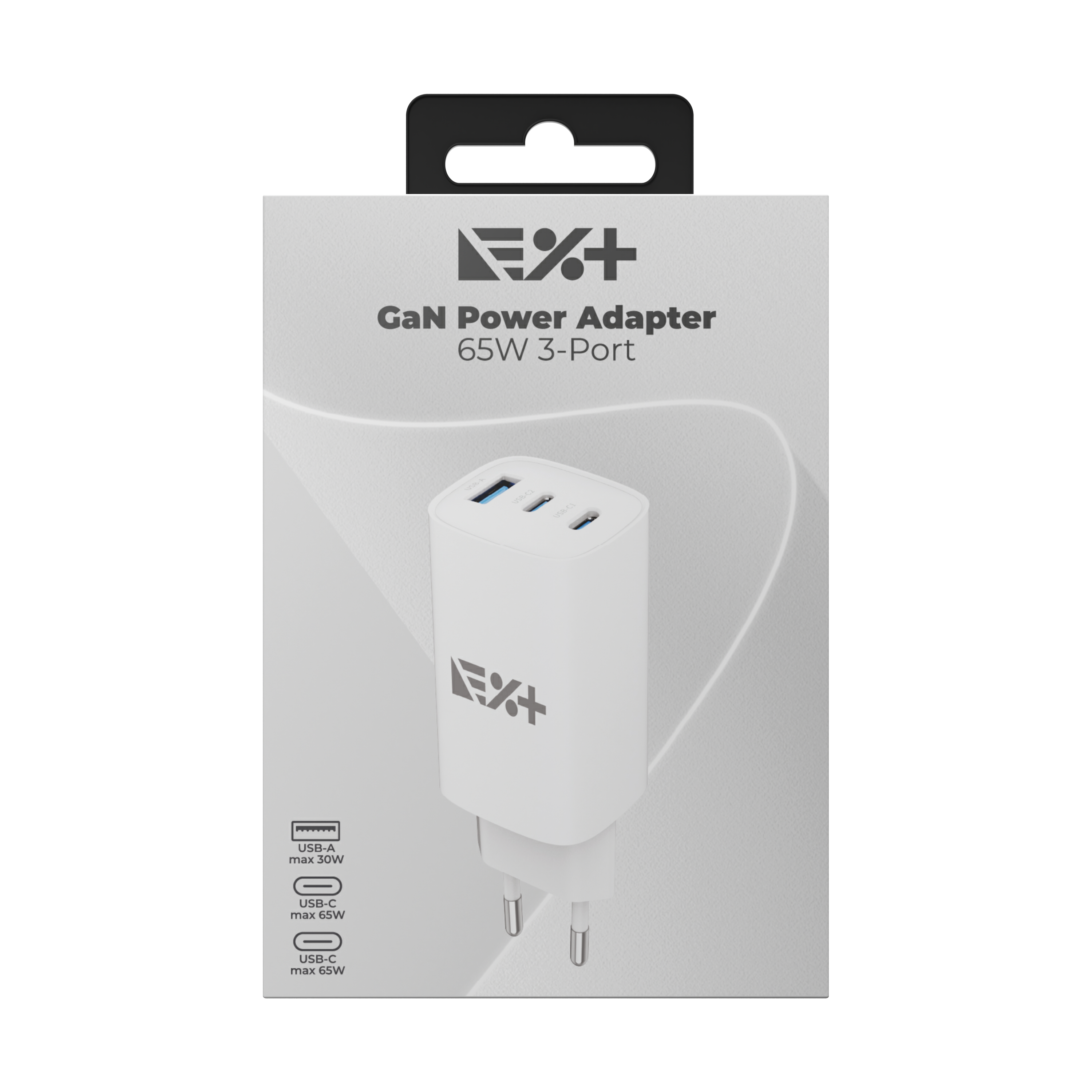Încărcător de rețea NOA GaN 65W, 2 x USB-C PD + USB-A, Fast Charging, Alb