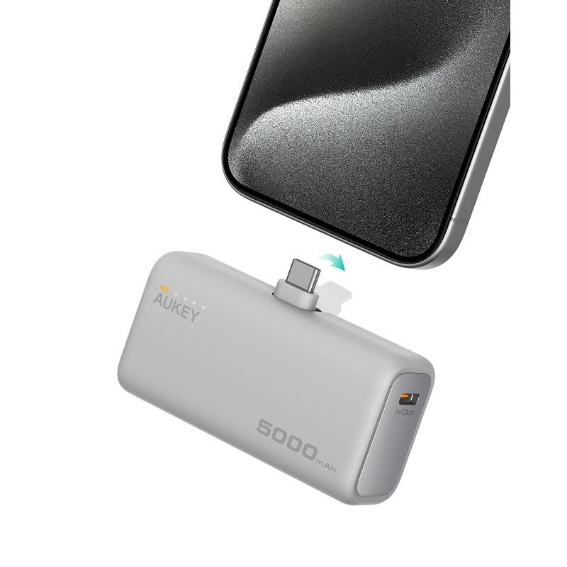Baterie externă, Powerbank AUKEY Spark Mini 5000mAh – încărcare rapidă 22.5W cu conector USB‑C pliabil, Alb Mat