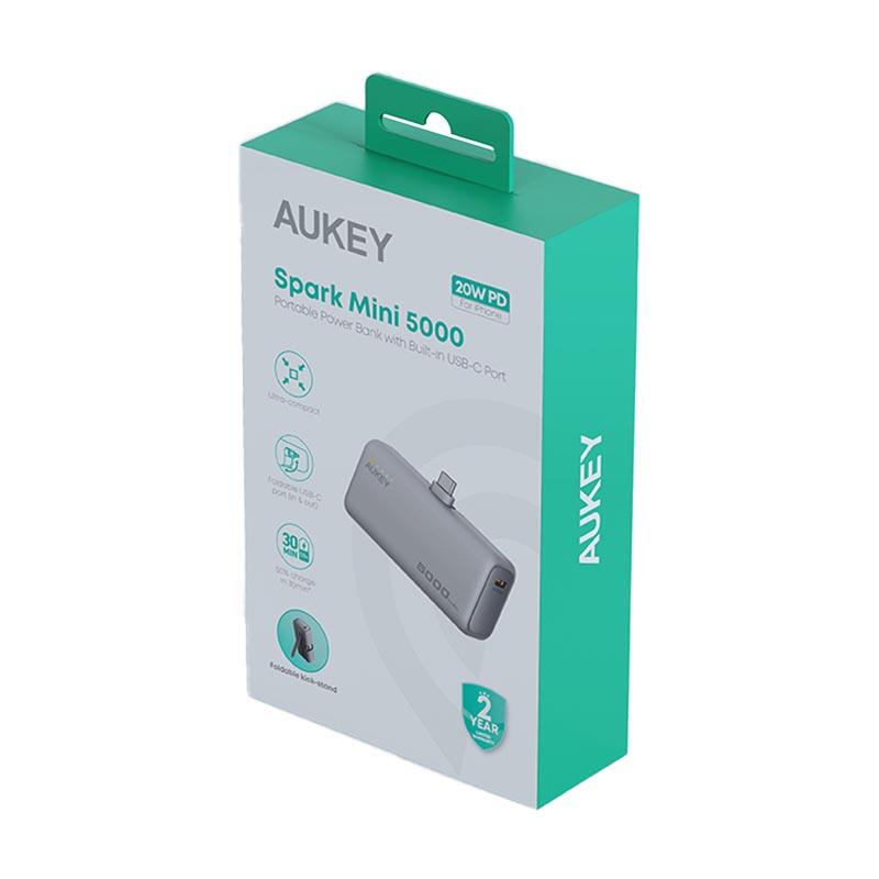 Baterie externă, Powerbank AUKEY Spark Mini 5000mAh – încărcare rapidă 22.5W cu conector USB‑C pliabil, Alb Mat