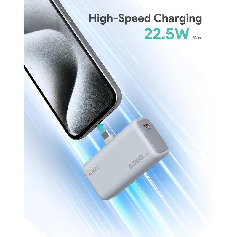 Baterie externă, Powerbank AUKEY Spark Mini 5000mAh – încărcare rapidă 22.5W cu conector USB‑C pliabil, Alb Mat