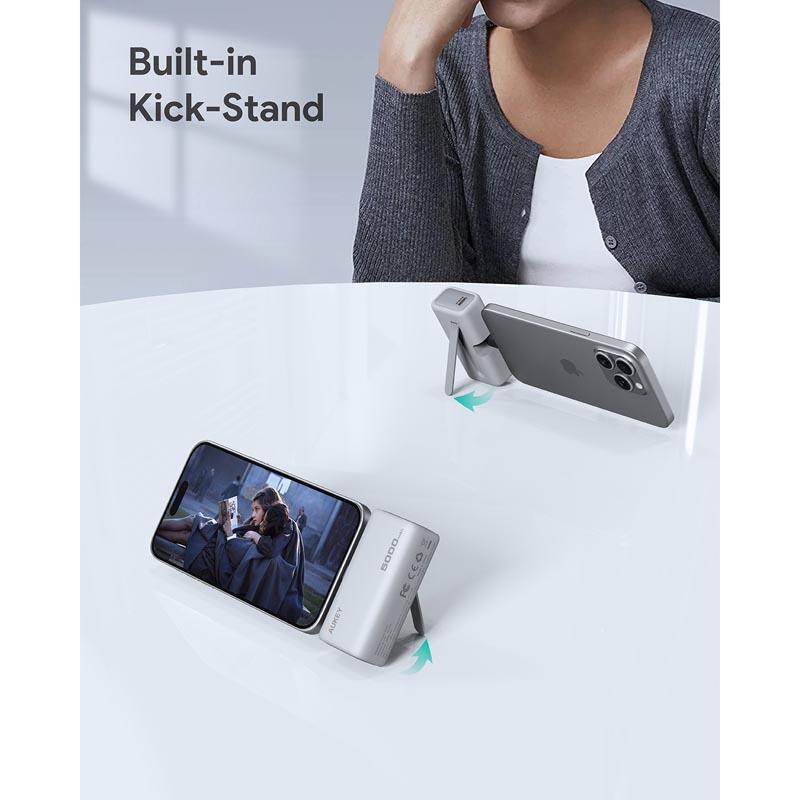 Baterie externă, Powerbank AUKEY Spark Mini 5000mAh – încărcare rapidă 22.5W cu conector USB‑C pliabil, Alb Mat