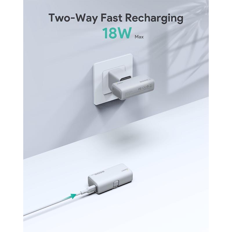 Baterie externă, Powerbank AUKEY Spark Mini 5000mAh – încărcare rapidă 22.5W cu conector USB‑C pliabil, Alb Mat