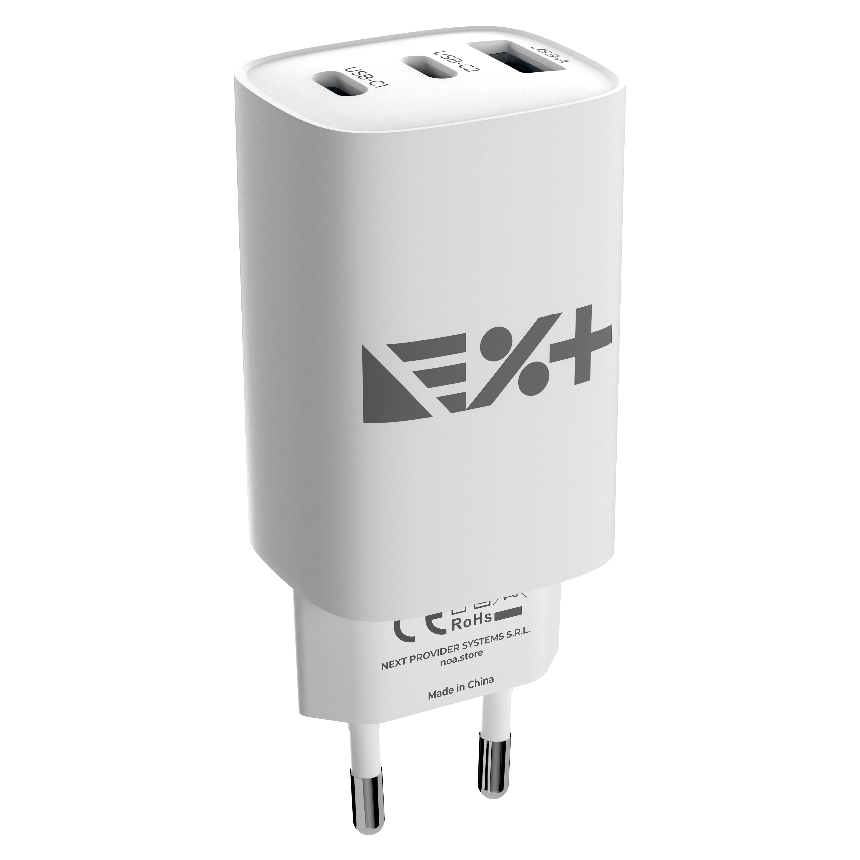 Încărcător de rețea NOA GaN 65W, 2 x USB-C PD + USB-A, Fast Charging, Alb