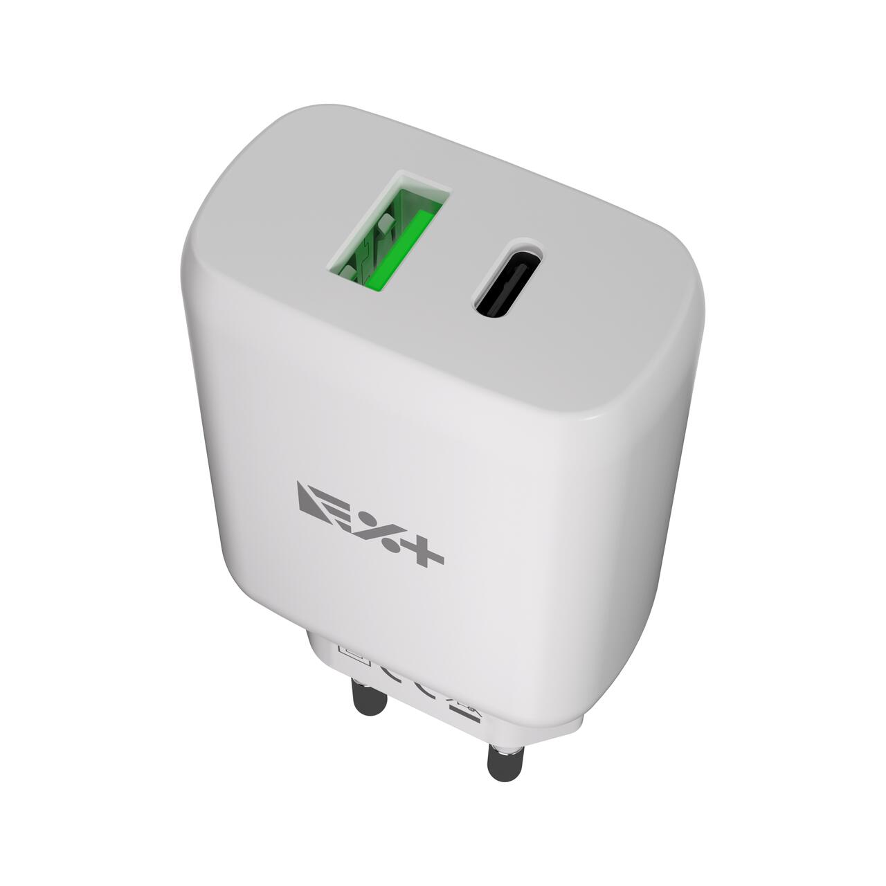 Încărcător de perete NOA 30W GaN, două porturi USB-C + USB-A Quick Charge, compatibilitate universală, alb