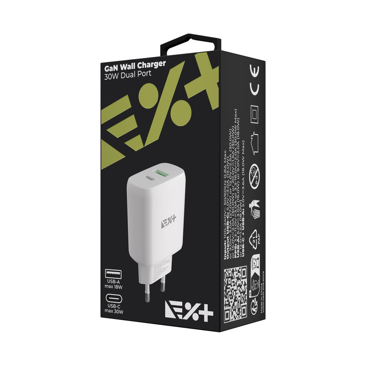 Încărcător de perete NOA 30W GaN, două porturi USB-C + USB-A Quick Charge, compatibilitate universală, alb