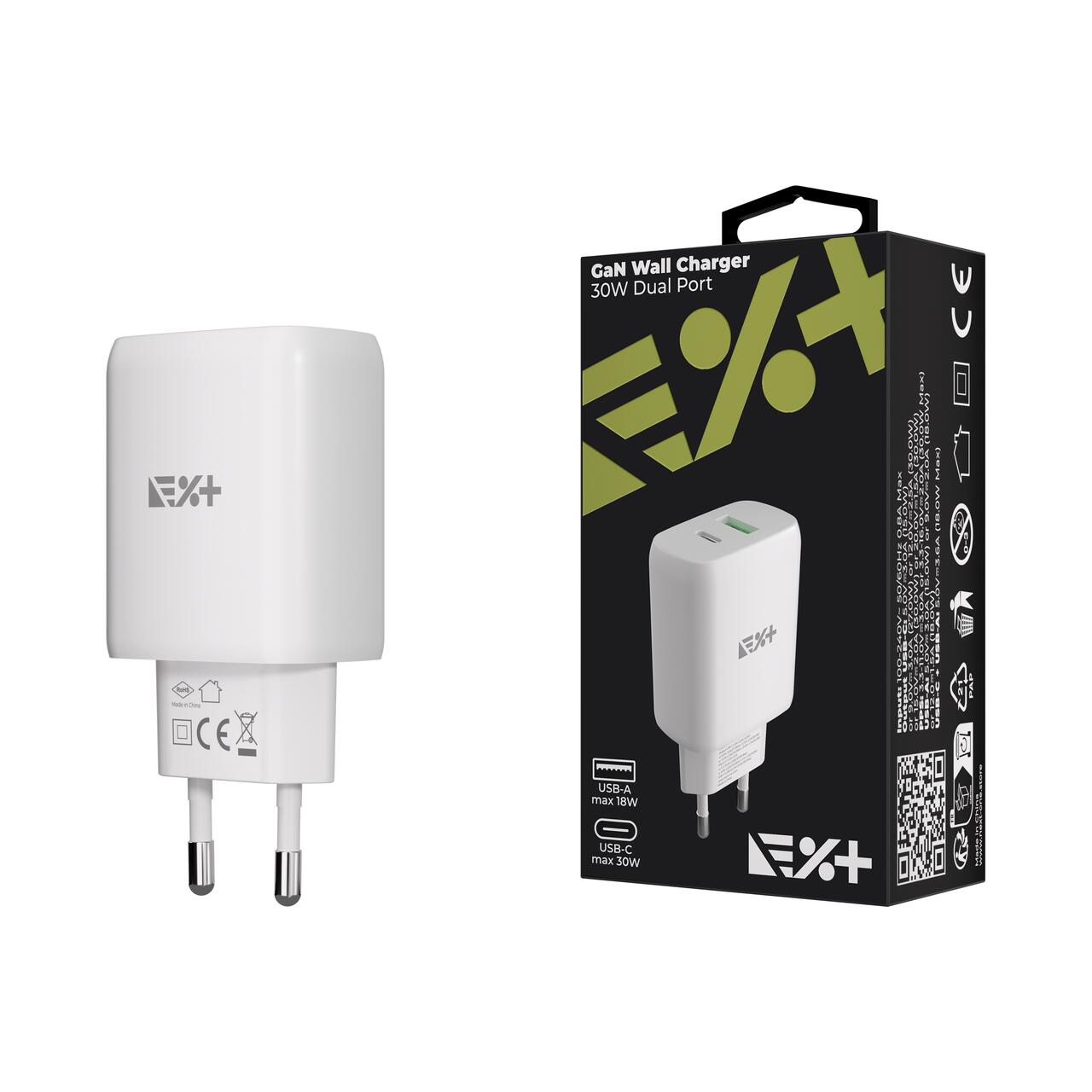 Încărcător de perete NOA 30W GaN, două porturi USB-C + USB-A Quick Charge, compatibilitate universală, alb