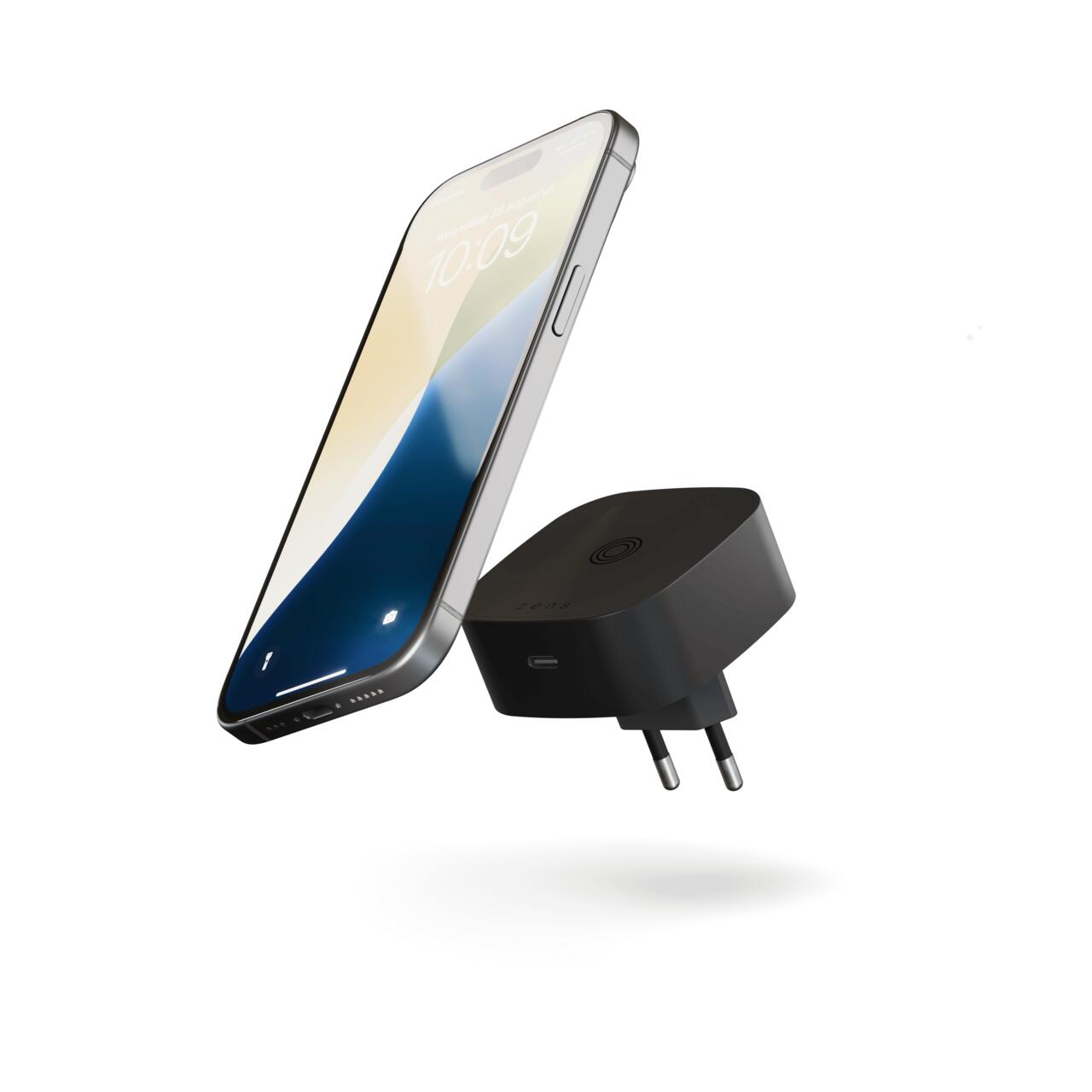 Adaptor wireless Zens cu priză UE – încărcare de 15W + USB-C de 18W, design compact, Negru