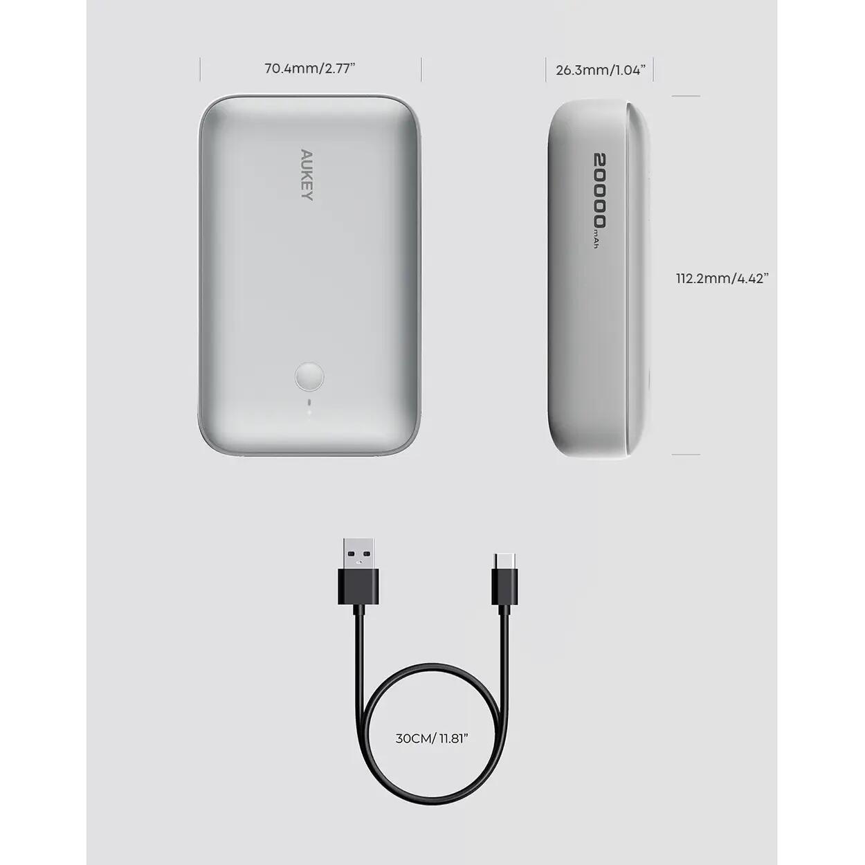 Baterie externă, Powerbank AUKEY Spark Mini 20000mAh – încărcare rapidă 22.5W, ultra-compactă, Alb