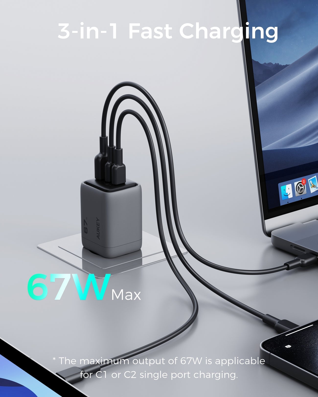 Încărcător de perete AUKEY PA-C3 Comet Mix 3 67W PD cu tehnologie GaN, gri închis