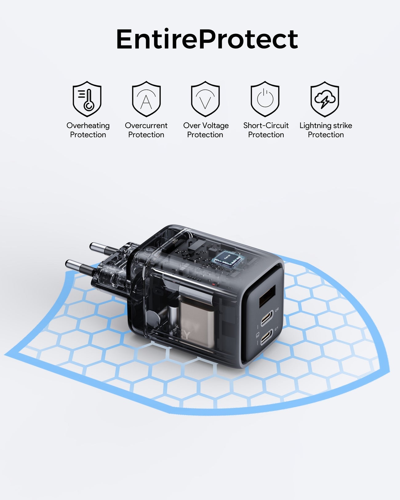 Încărcător de perete AUKEY PA-C3 Comet Mix 3 67W PD cu tehnologie GaN, gri închis