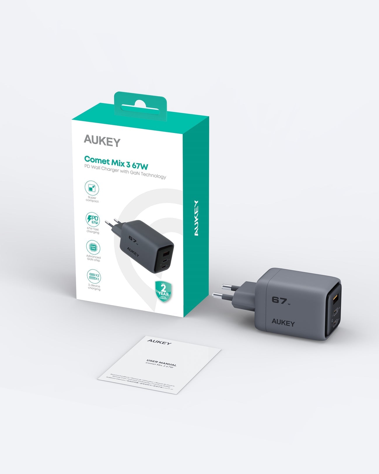 Încărcător de perete AUKEY PA-C3 Comet Mix 3 67W PD cu tehnologie GaN, gri închis