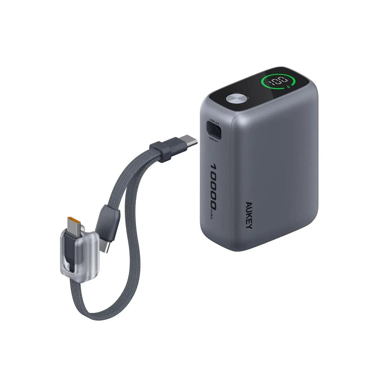 AUKEY Swivel Det-Duo Power Bank 10.000mAh, 45W, cu două cabluri USB-C detașabile, Gri