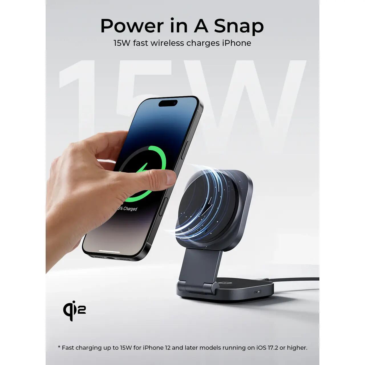 Suport de încărcare wireless pliabil magnetic AUKEY MagFusionL Qi2 2-în-1 de 15W