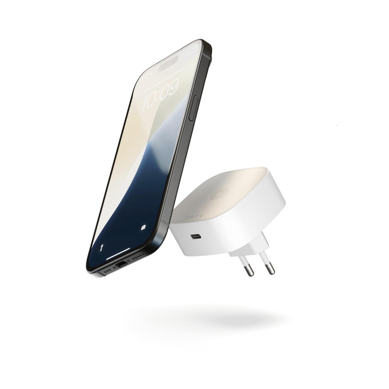 Adaptor wireless Zens cu ștecher UE – încărcare de 15 W + USB-C de 18 W, design compact, Alb