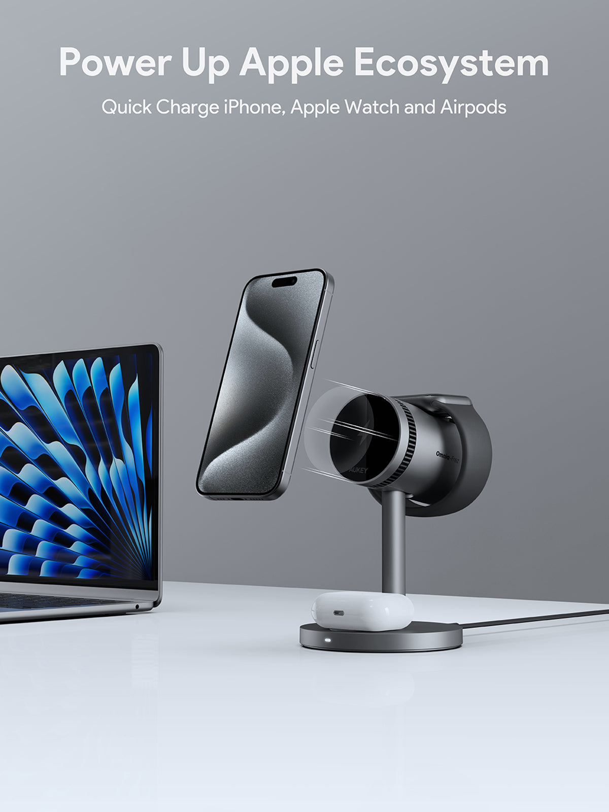Încărcător wireless magnetic 3 în 1 de birou AUKEY LC-MC311, QI 2.0, 30W