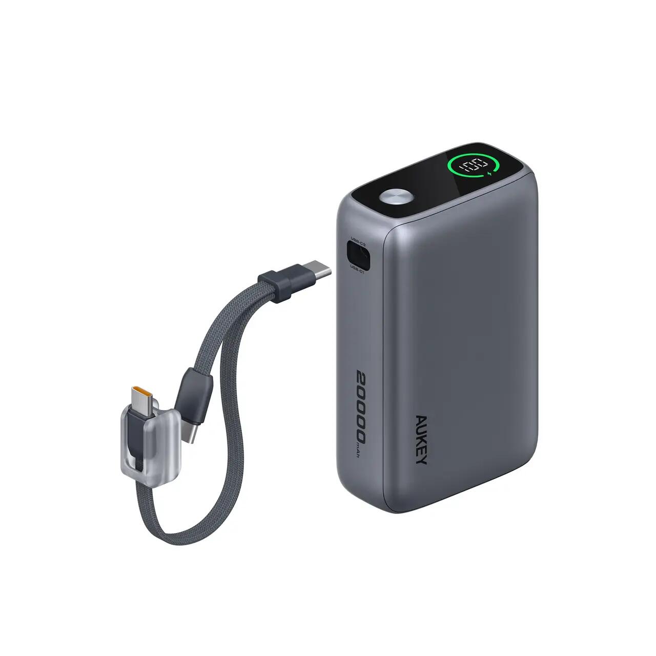 AUKEY Swivel Det-Duo Power Bank 20.000mAh, 65W, cu două cabluri USB-C integrate, Gri