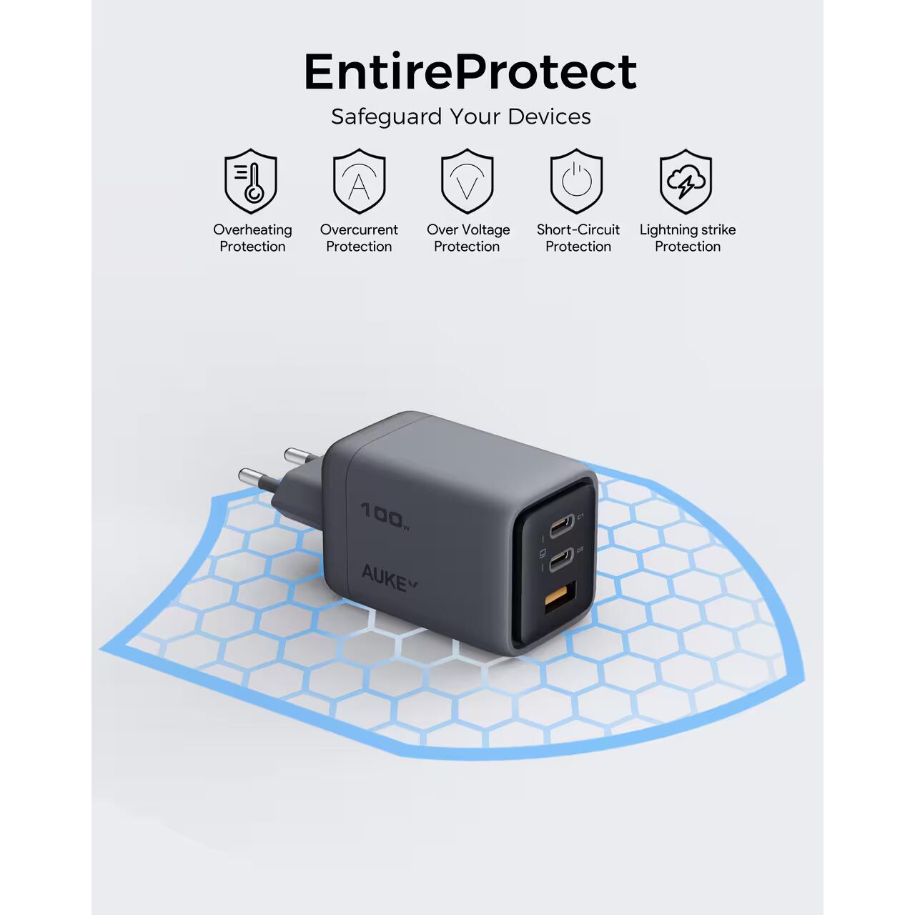 Încărcător AUKEY PA‑C5 Comet Mix3 100W (PD, PPS, QC5.0), 3 porturi, GaN, Gri