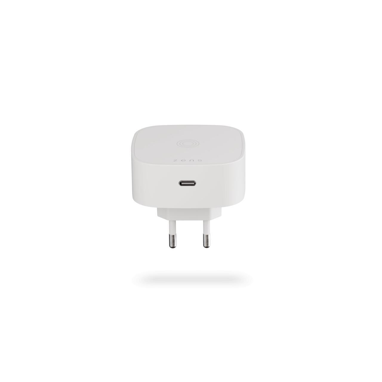 Adaptor wireless Zens cu ștecher UE – încărcare de 15 W + USB-C de 18 W, design compact, Alb
