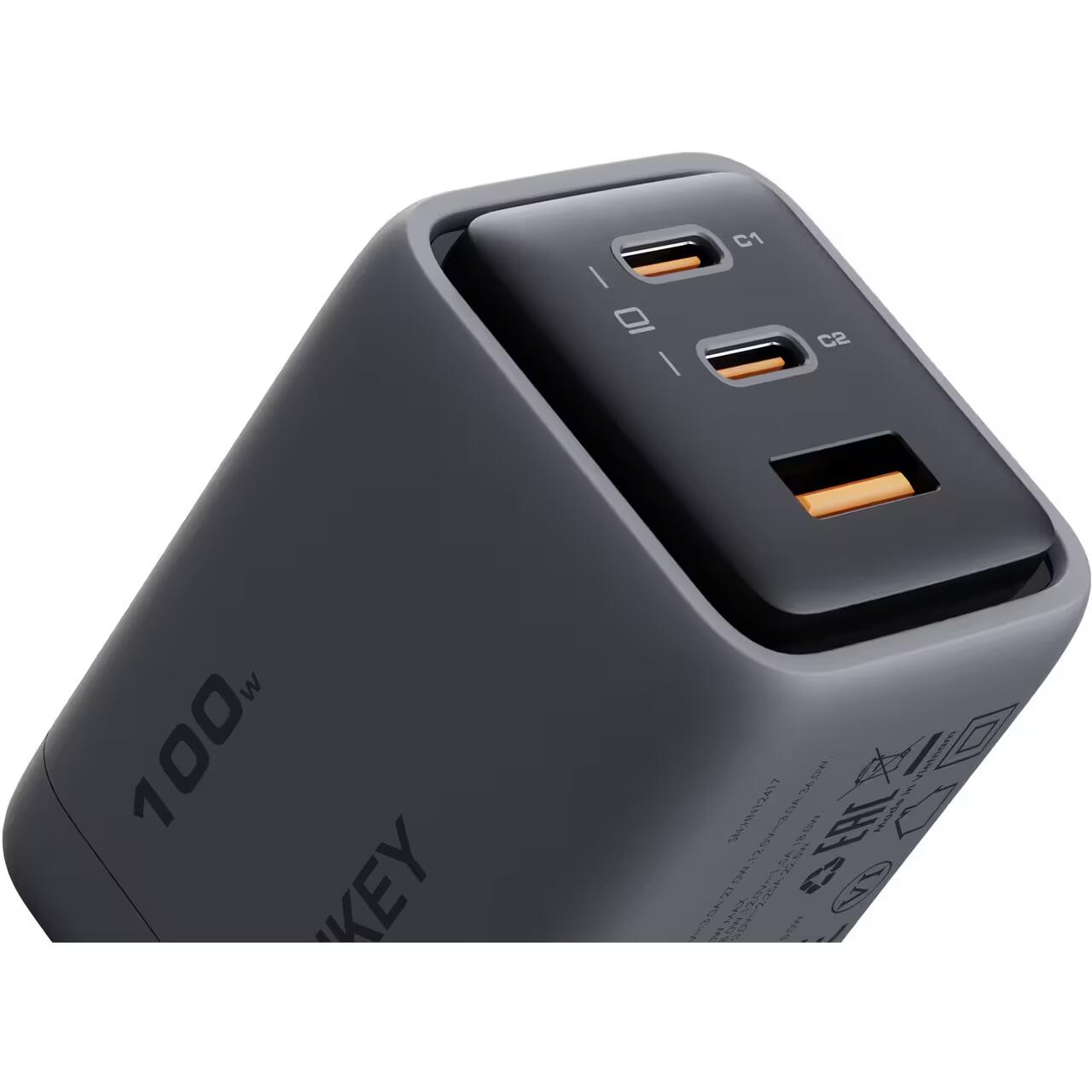 Încărcător AUKEY PA‑C5 Comet Mix3 100W (PD, PPS, QC5.0), 3 porturi, GaN, Gri