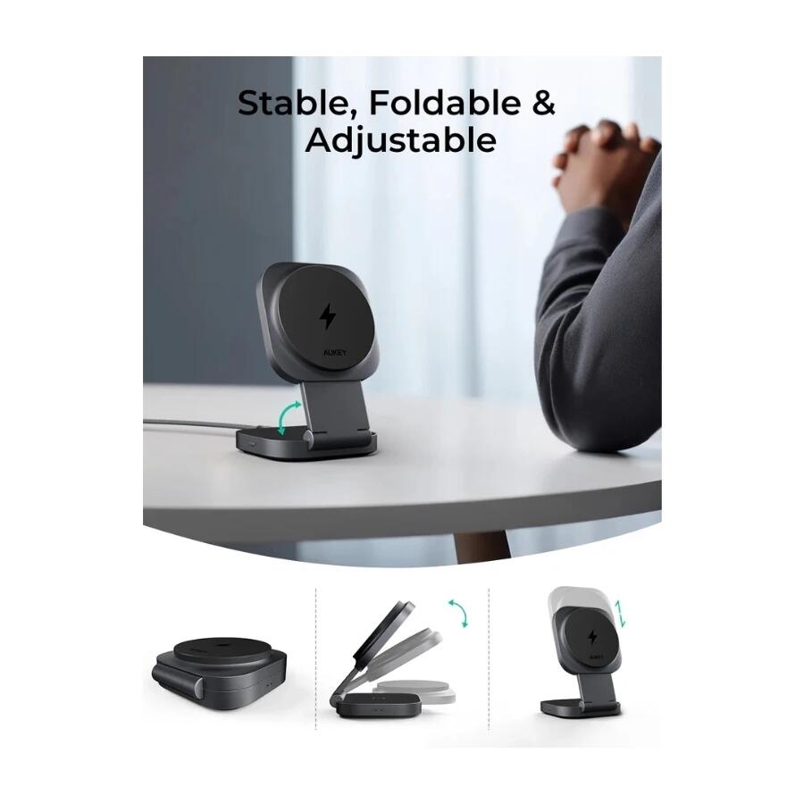 AUKEY MagFusion L Plus Încărcător wireless magnetic pliabil 2-în-1, 25W
