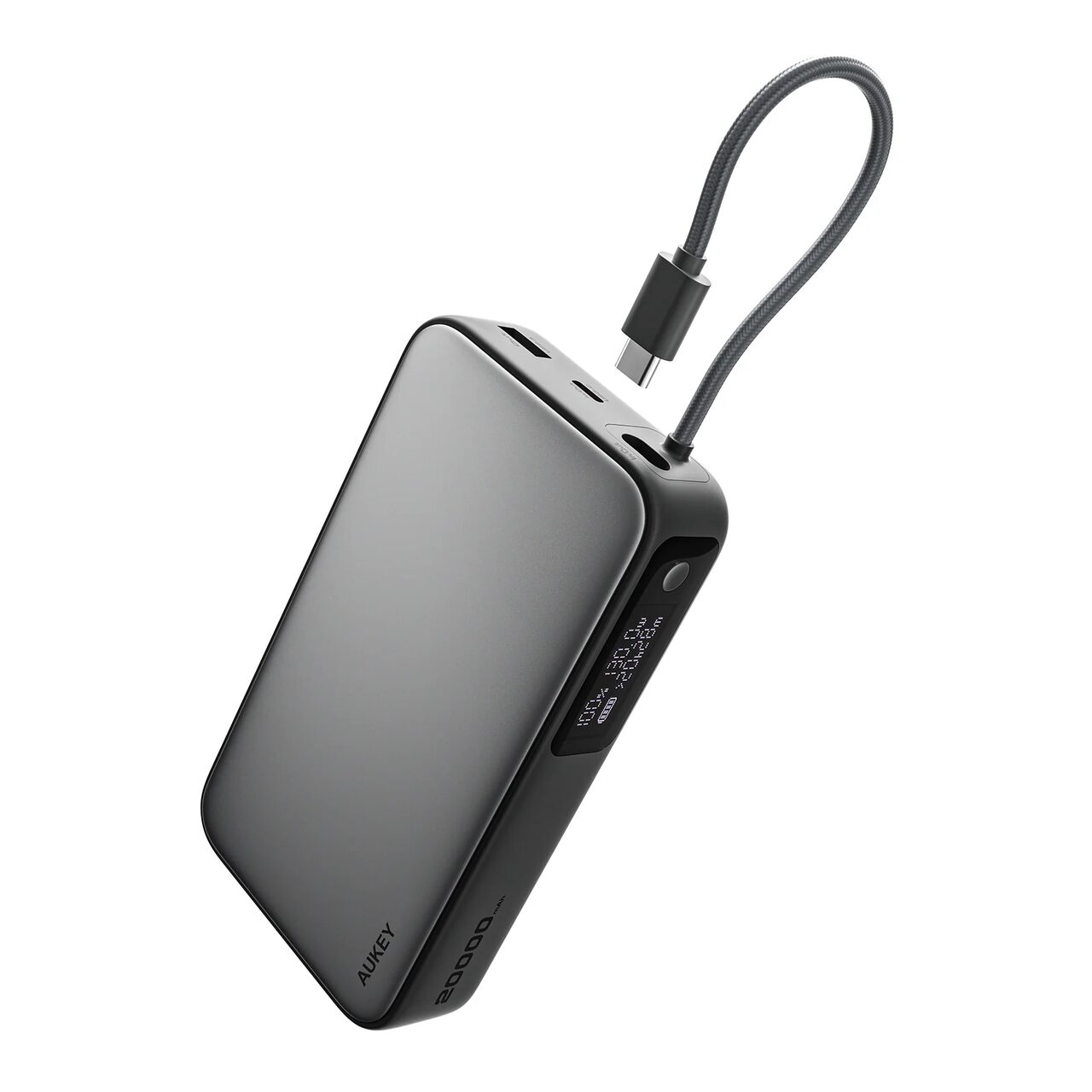 Baterie externă, Powerbank AUKEY SparkSling 20000mAh – încărcare rapidă de 130W cu cablu USB-C integrat, Gri