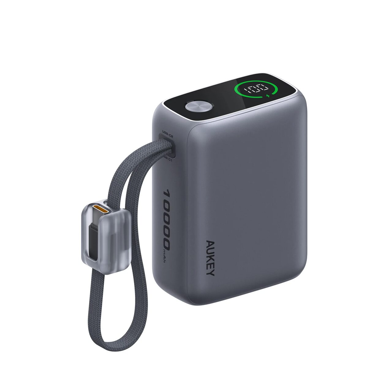 AUKEY Swivel Det-Duo Power Bank 10.000mAh, 45W, cu două cabluri USB-C detașabile, Gri