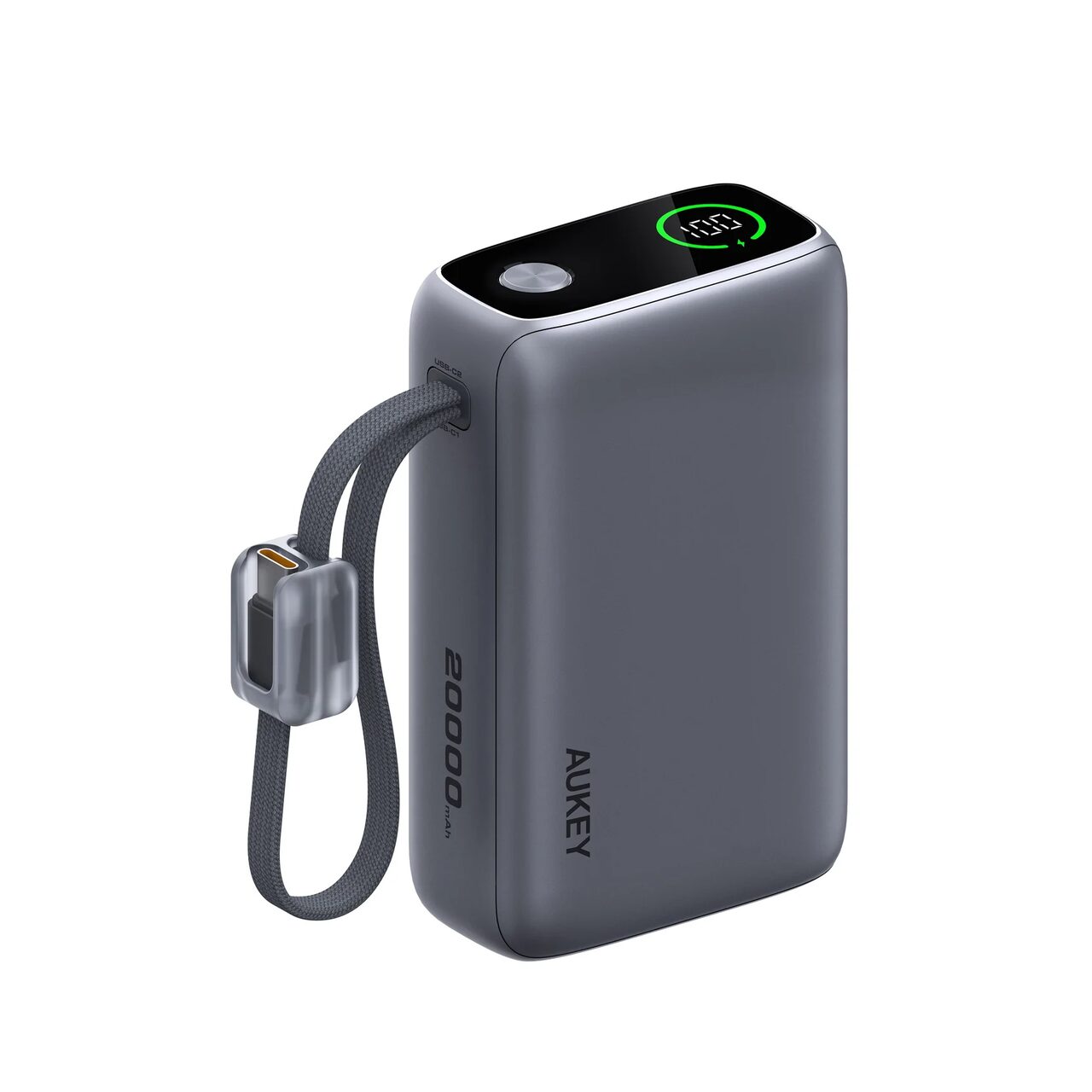AUKEY Swivel Det-Duo Power Bank 20.000mAh, 65W, cu două cabluri USB-C integrate, Gri