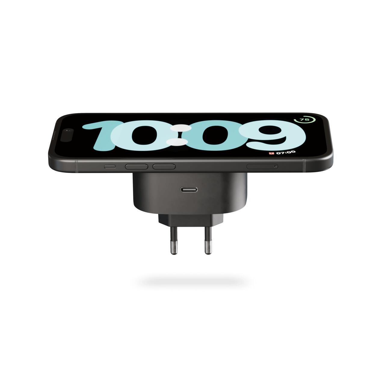 Adaptor wireless Zens cu priză UE – încărcare de 15W + USB-C de 18W, design compact, Negru