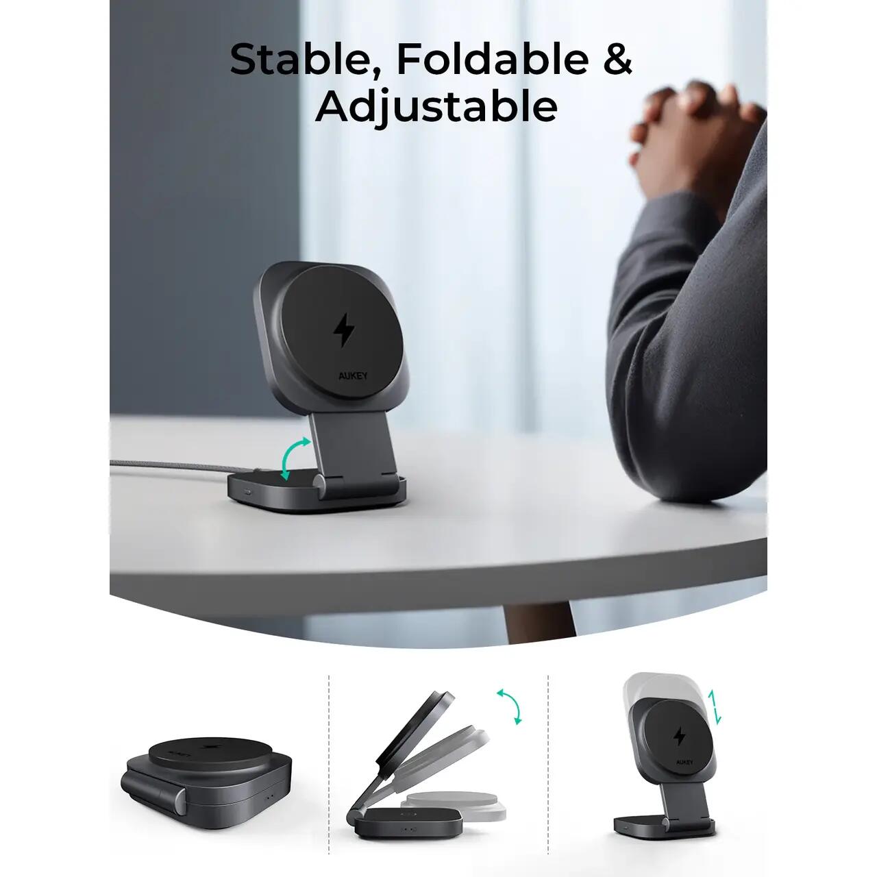 Suport de încărcare wireless pliabil magnetic AUKEY MagFusionL Qi2 2-în-1 de 15W