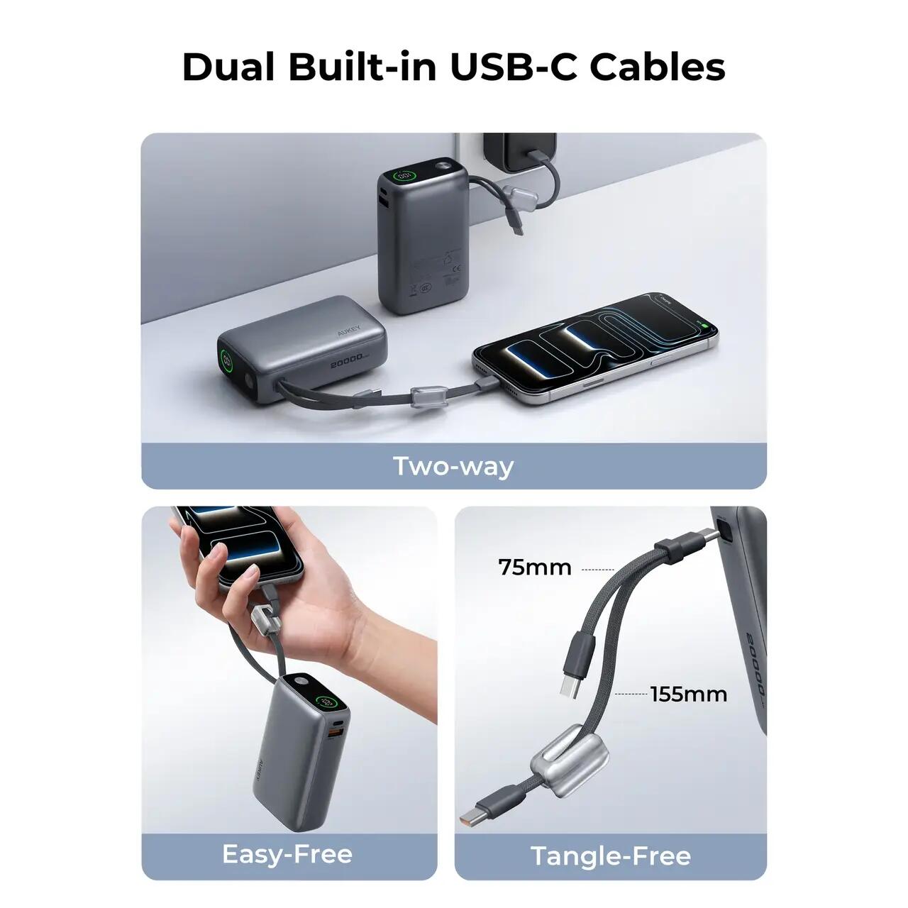 AUKEY Swivel Det-Duo Power Bank 20.000mAh, 65W, cu două cabluri USB-C integrate, Gri