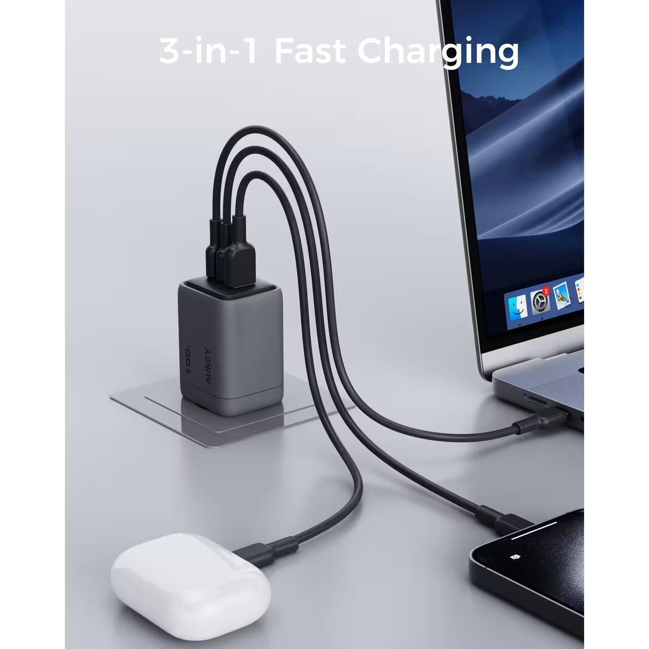 Încărcător AUKEY PA‑C5 Comet Mix3 100W (PD, PPS, QC5.0), 3 porturi, GaN, Gri