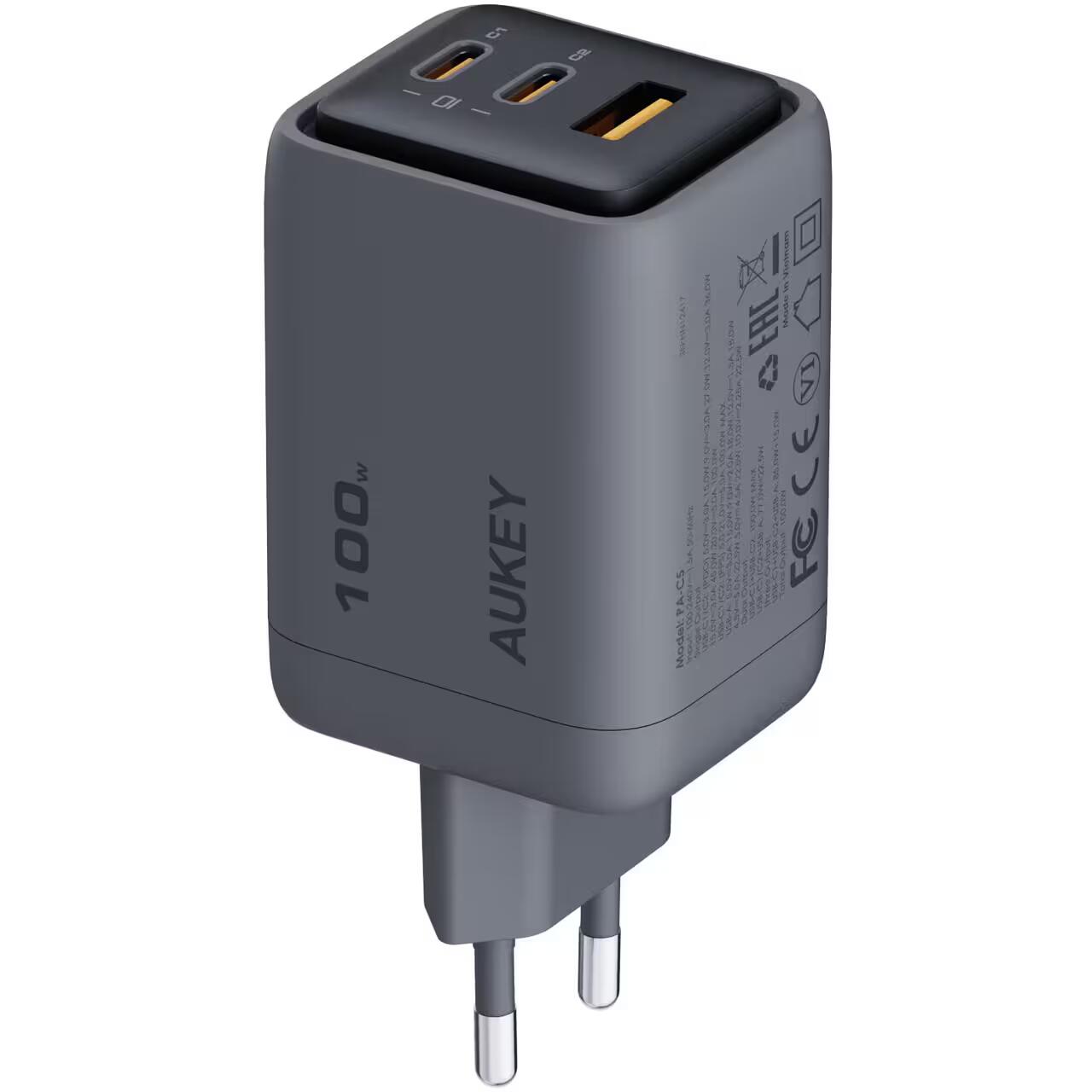 Încărcător AUKEY PA‑C5 Comet Mix3 100W (PD, PPS, QC5.0), 3 porturi, GaN, Gri