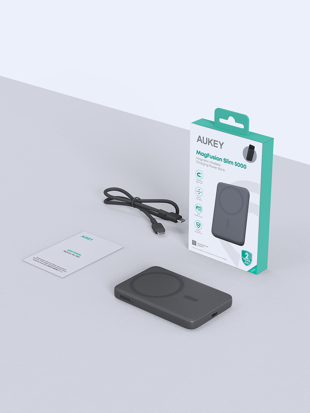 Baterie externa, Powerbank AUKEY 5000 mAh MagSafe – incarcare wireless 15 W + PD 20 W, compact & magnetic, Storm Grey
