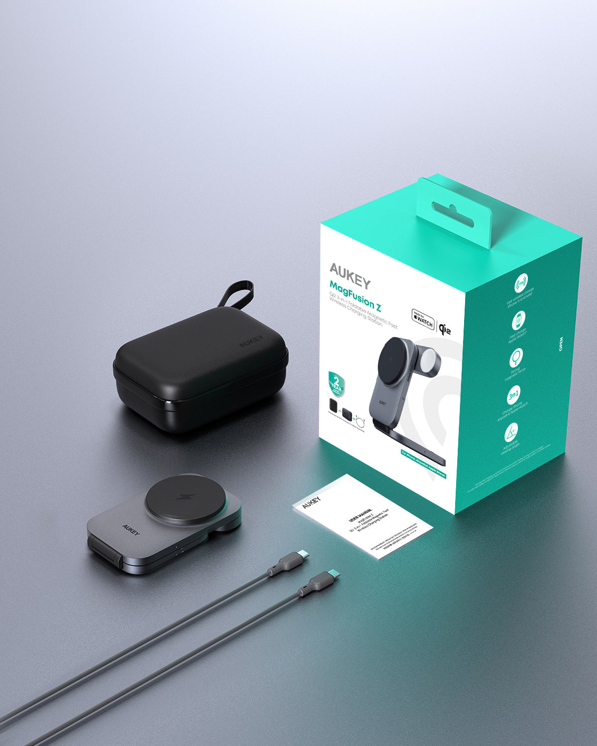 Încărcător wireless magnetic pliabil AUKEY LC-MC312 3-în-1, QI 2.0, 30W