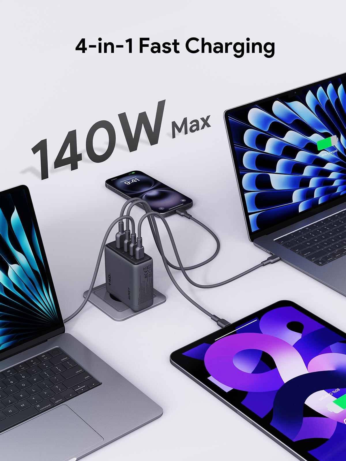 AUKEY PA-C6 Comet Mix 4 – Încărcător de perete PD de 140 W cu tehnologie GaN