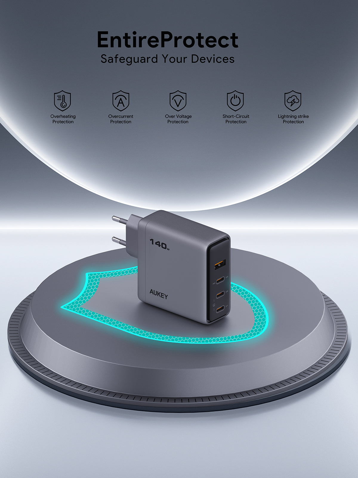 AUKEY PA-C6 Comet Mix 4 – Încărcător de perete PD de 140 W cu tehnologie GaN