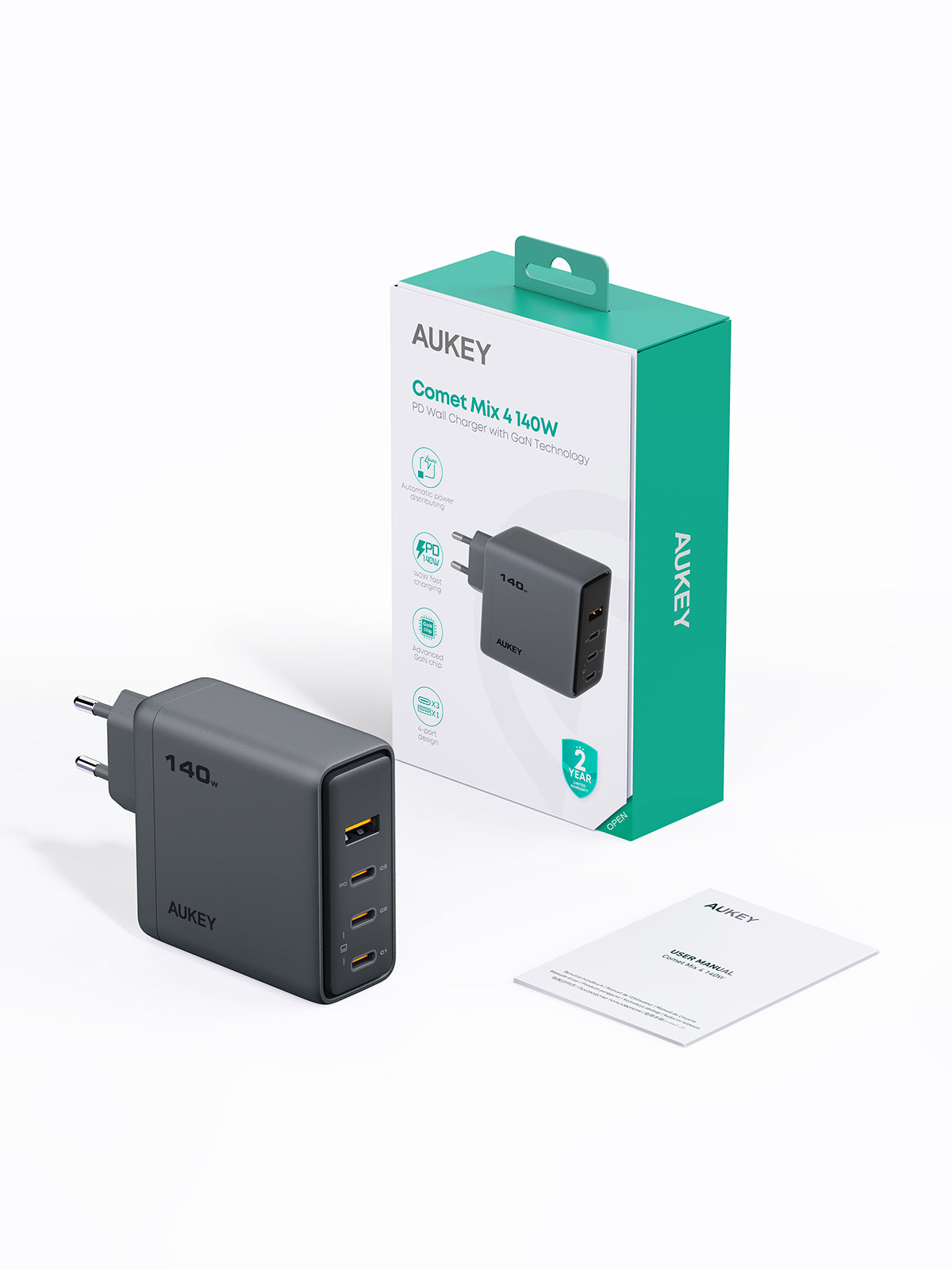 AUKEY PA-C6 Comet Mix 4 – Încărcător de perete PD de 140 W cu tehnologie GaN