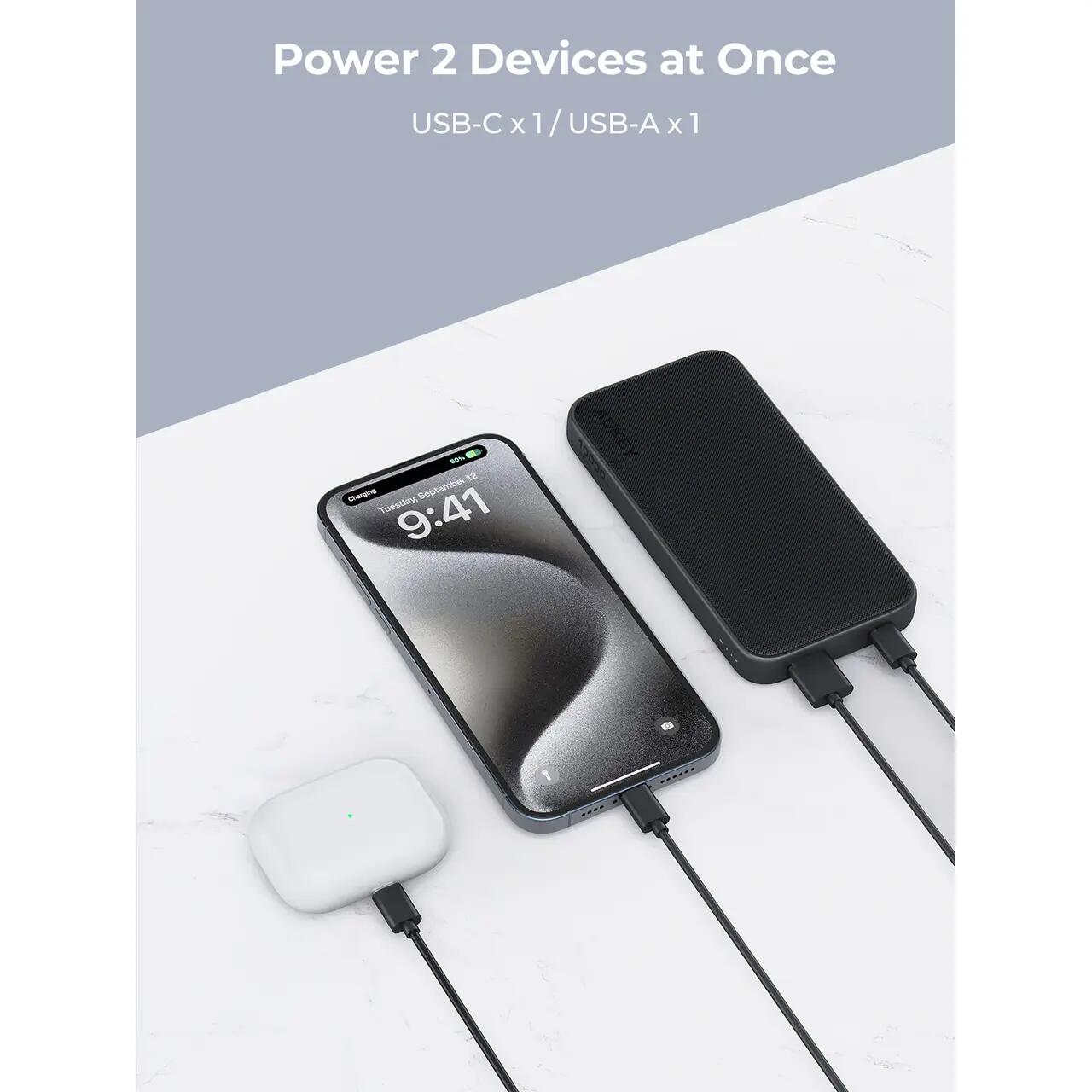 Baterie externă, Powerbank AUKEY SparkGo 10000mAh – încărcare rapidă 15W, portabilă și subțire, Gri