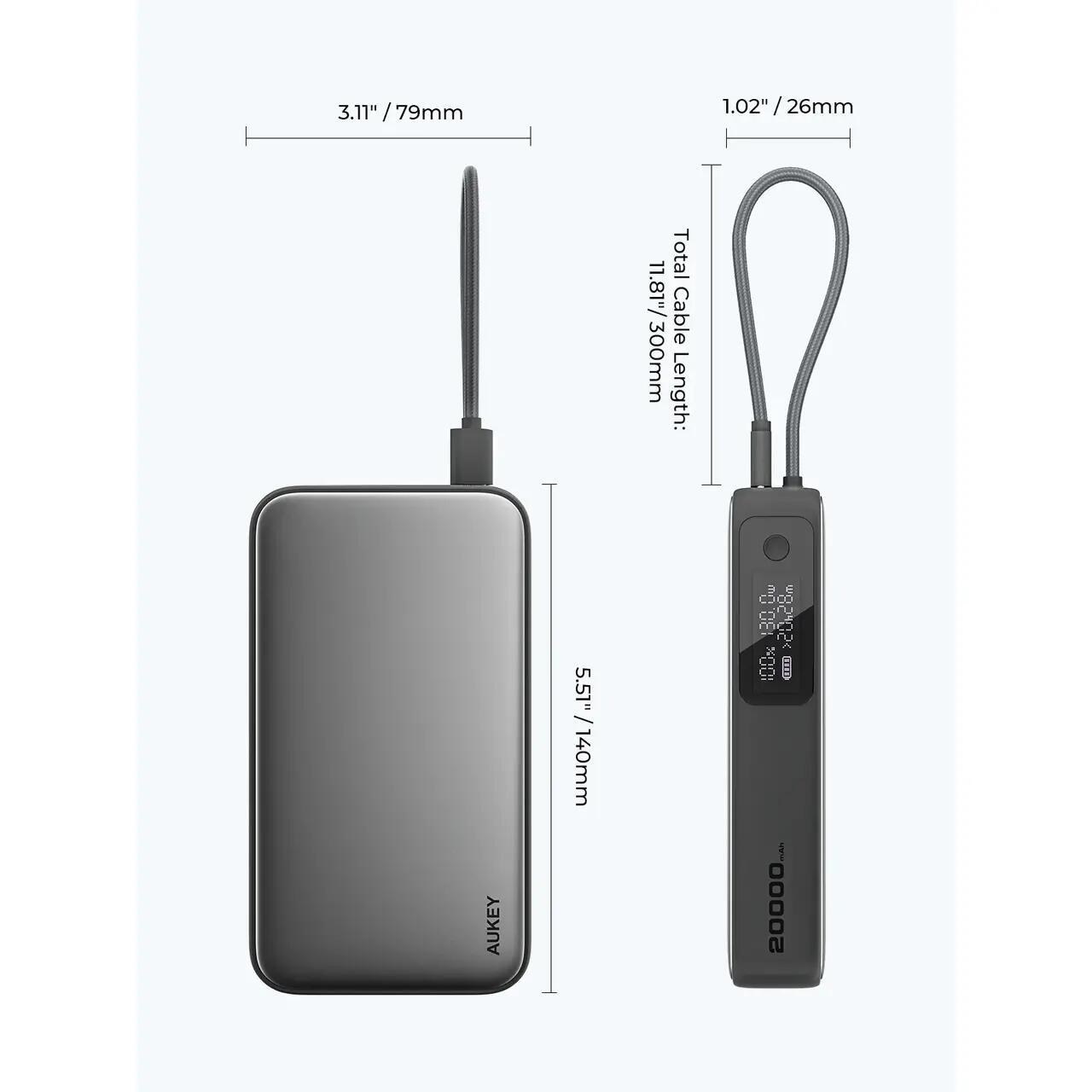 Baterie externă, Powerbank AUKEY SparkSling 20000mAh – încărcare rapidă de 130W cu cablu USB-C integrat, Gri