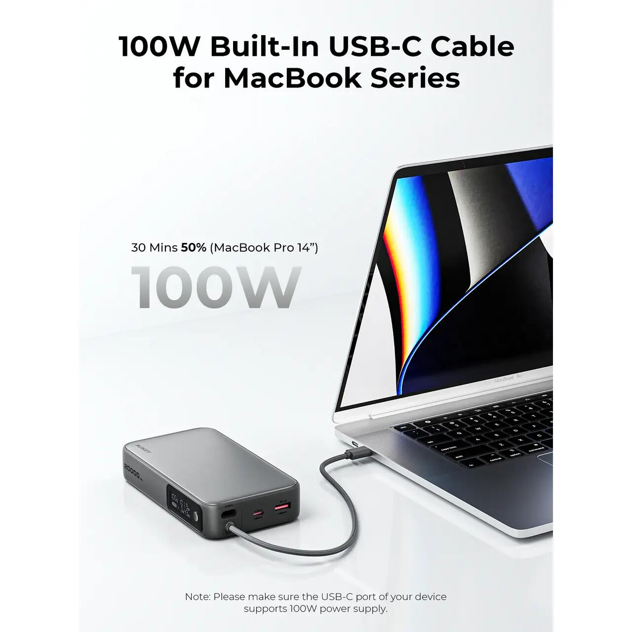 Baterie externă, Powerbank AUKEY SparkSling 20000mAh – încărcare rapidă de 130W cu cablu USB-C integrat, Gri
