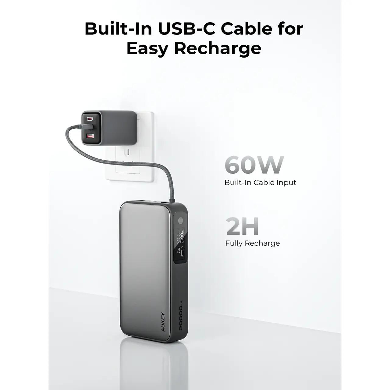 Baterie externă, Powerbank AUKEY SparkSling 20000mAh – încărcare rapidă de 130W cu cablu USB-C integrat, Gri