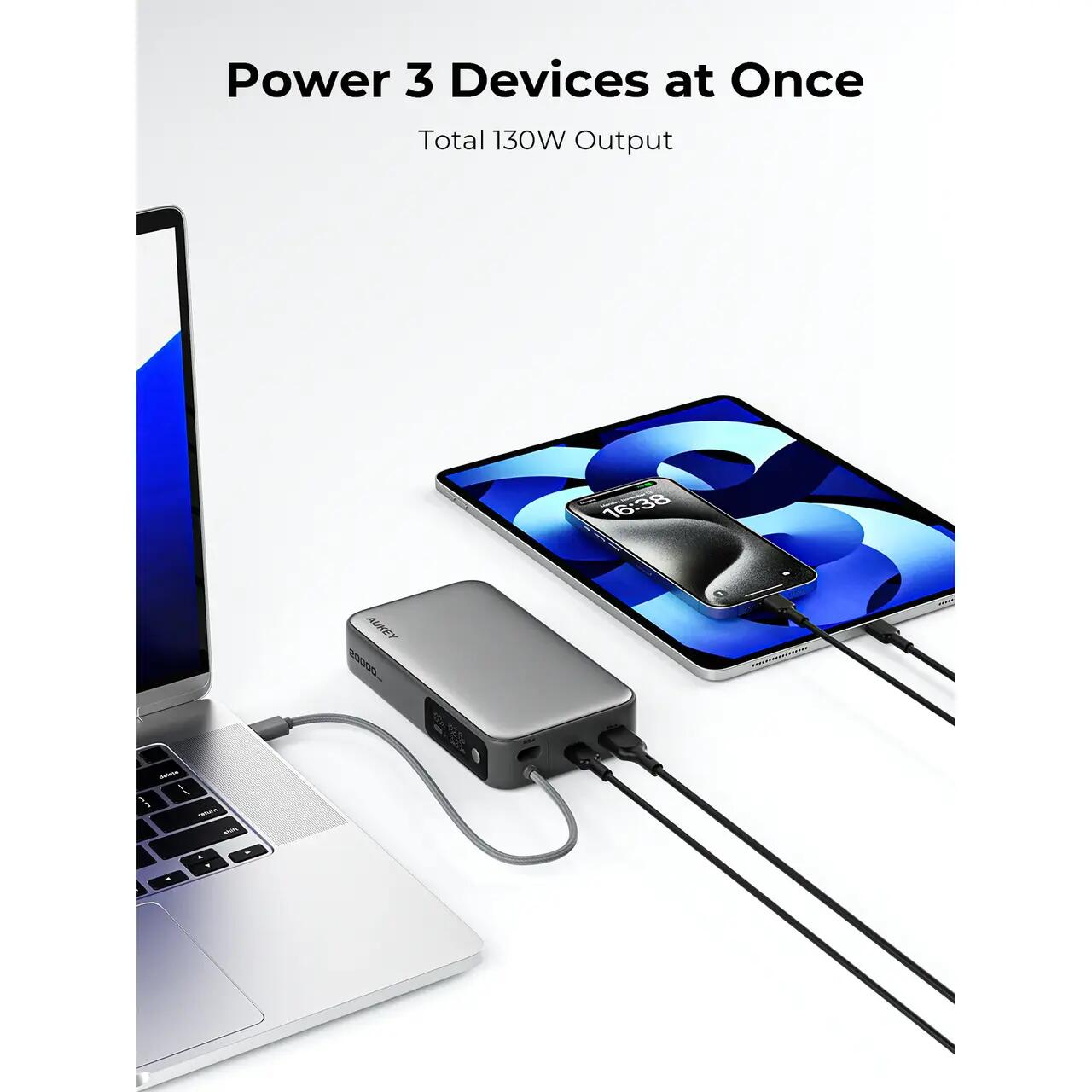 Baterie externă, Powerbank AUKEY SparkSling 20000mAh – încărcare rapidă de 130W cu cablu USB-C integrat, Gri