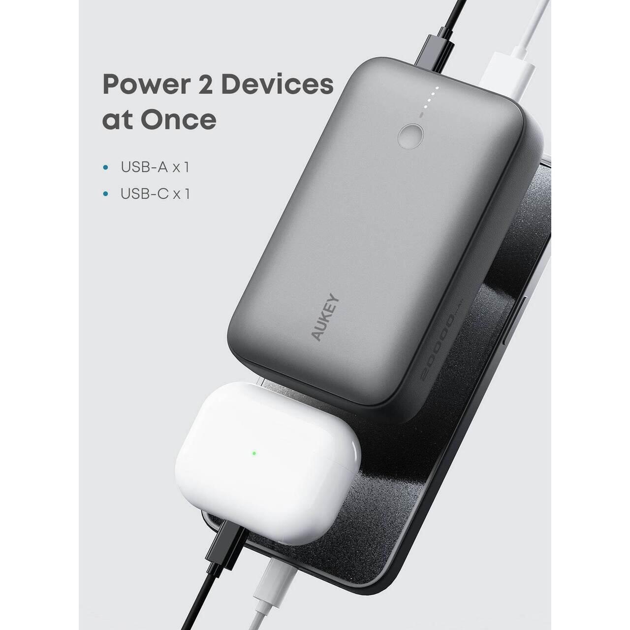 Baterie externă, Powerbank AUKEY Spark Mini 20000mAh – încărcare rapidă 22.5W, ultra-compactă, Gri