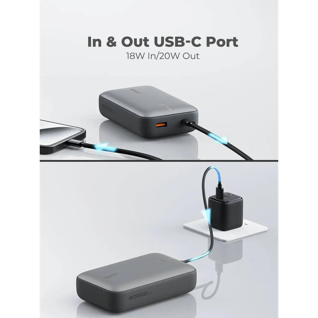 Baterie externă, Powerbank AUKEY Spark Mini 20000mAh – încărcare rapidă 22.5W, ultra-compactă, Gri