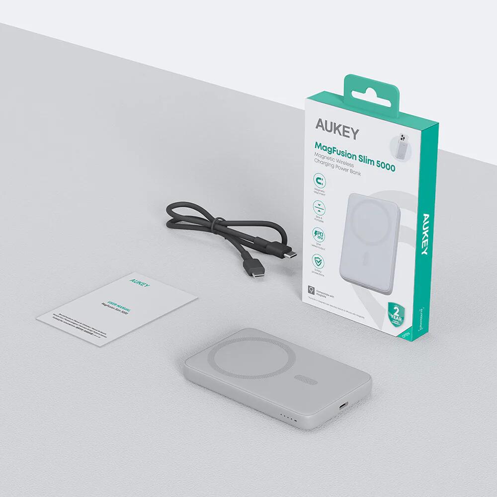Baterie externă, Powerbank AUKEY 5000mAh MagSafe – încărcare wireless 15W + PD 20W, compactă și magnetică