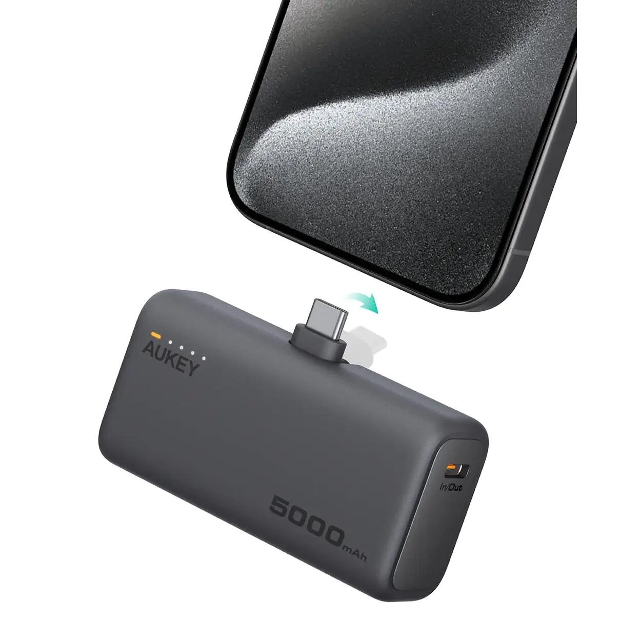 Baterie externă, Powerbank AUKEY Spark Mini 5000mAh – încărcare rapidă 22.5W cu conector USB-C pliabil, Gri